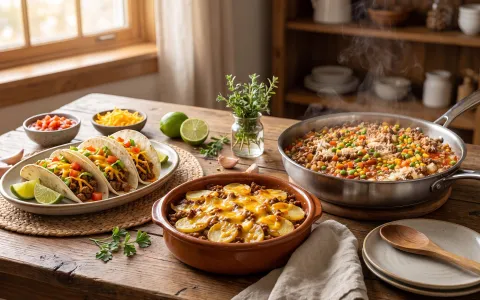 A spread of three ground beef dishes on a welcoming kitchen table