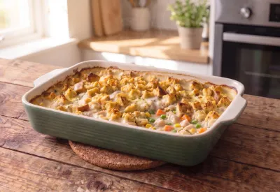 Finished chicken and stuffing casserole served in a home-kitchen setting