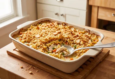 Finished chicken noodle casserole served in a home-kitchen setting