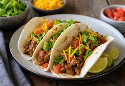 Ground Beef Tacos — three soft tortilla tacos filled with ground beef, shredded lettuce, diced tomatoes, and shredded cheese, served on a plate with lime wedges.