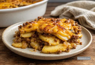 Finished hamburger potato casserole served in a home-kitchen setting