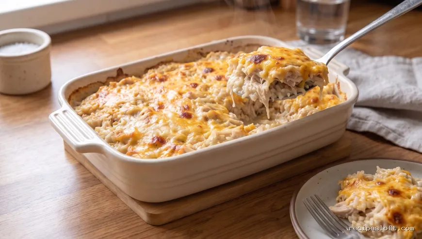 Finished chicken and rice casserole served in a home-kitchen setting